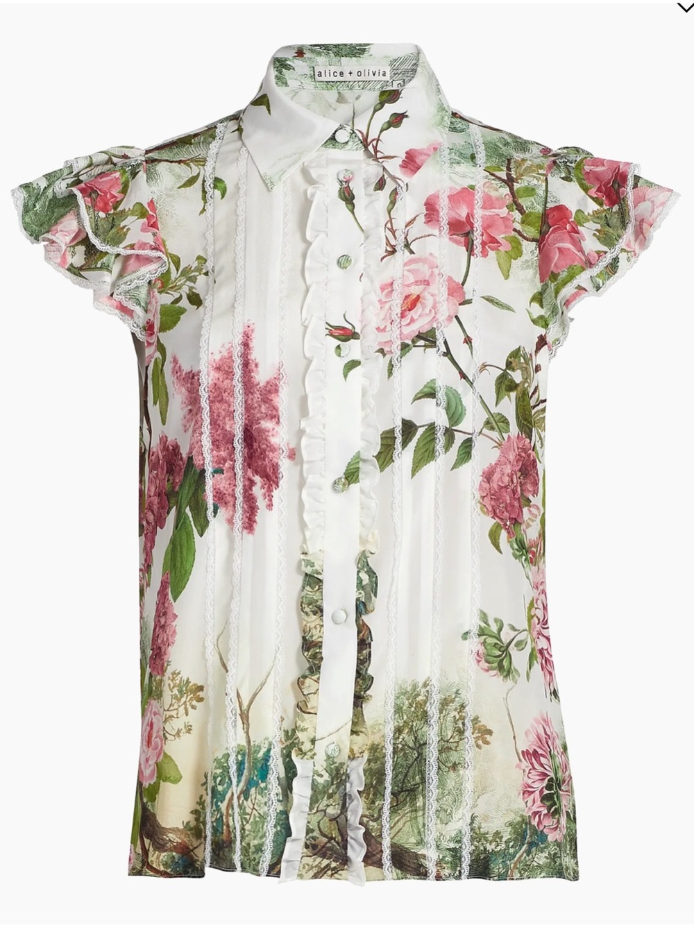 NEW Alice + Olivia Minda Silk Ruffled Floral Short Cap Sleeve Blouse Top. Size L